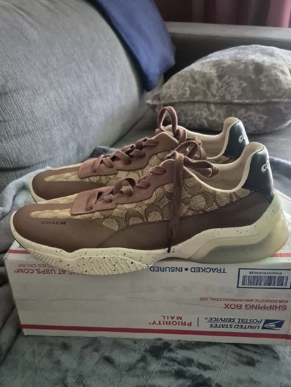 Coach Signature Runner Sneakers Men’s Size 13 Brown Leather And Tan Fabric - Picture 3 of 6